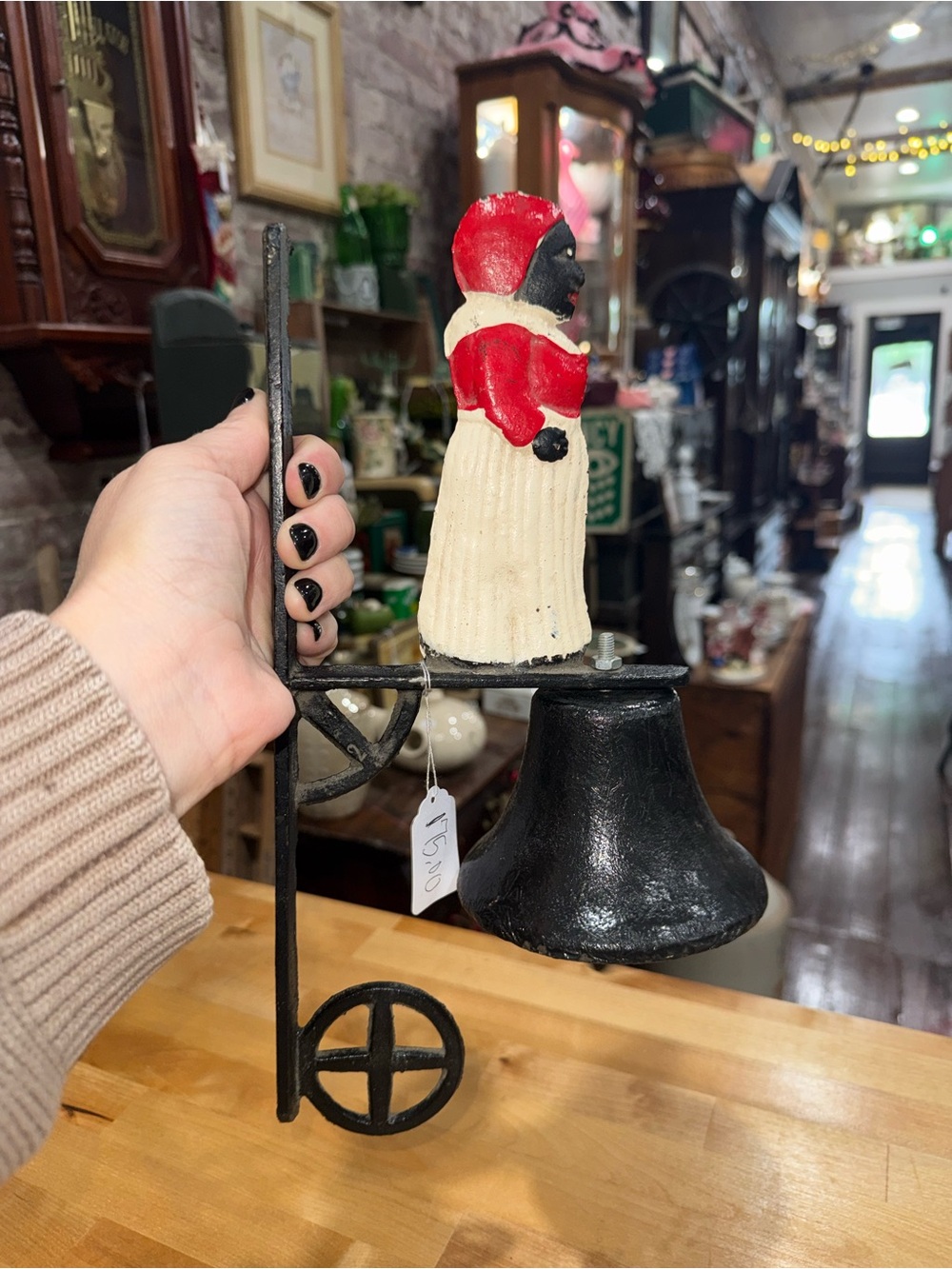 Vintage Red Dress Lady & White Apron Cast Iron Bell
